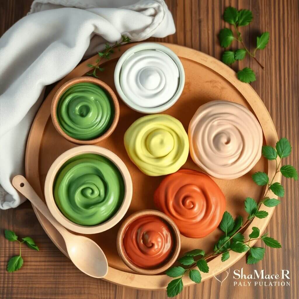 L'argile, votre alliée naturelle contre les maux de gorge Arrangement esthétique d'argile verte, blanche et rouge sur une surface en bois avec de petits bols, une cuillère, des herbes fraîches et un linge ...