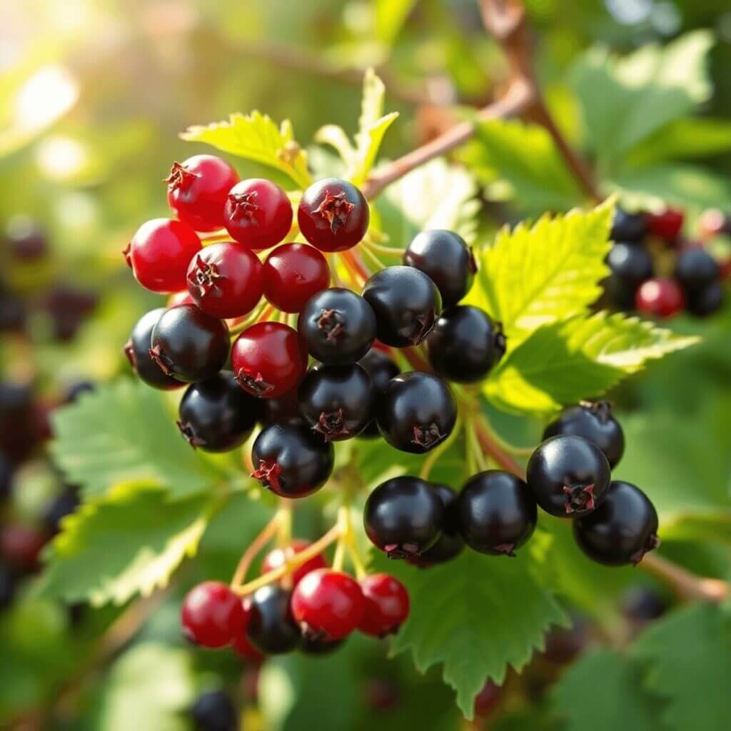 Comment le bourgeon de cassis renforce votre immunité et soulage vos articulations Bourgeons de cassis frais avec des feuilles vertes se prélassant au soleil doux, symbolisant la santé et le bien-être dans un cadre naturel.