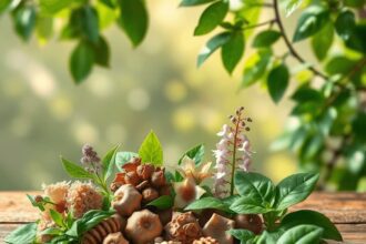 Arrangement artistique de plantes adaptogènes comme l'Ashwagandha, la Rhodiola et le Basilic sacré sur une table en bois, baignées d'une douce lumi...