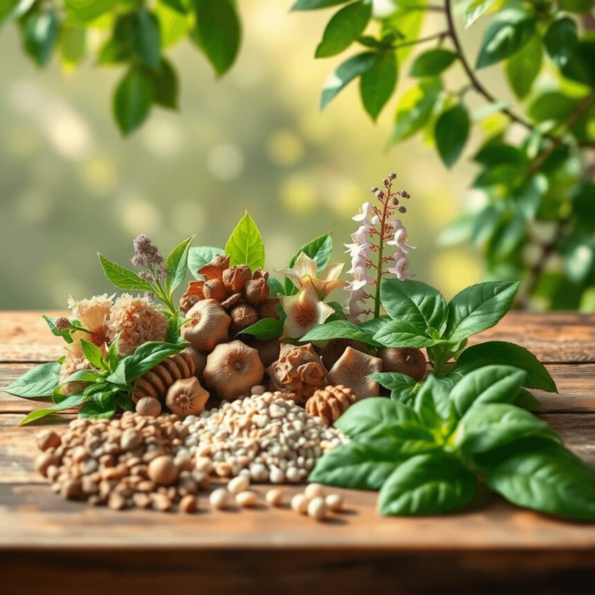 Arrangement artistique de plantes adaptogènes comme l'Ashwagandha, la Rhodiola et le Basilic sacré sur une table en bois, baignées d'une douce lumi...