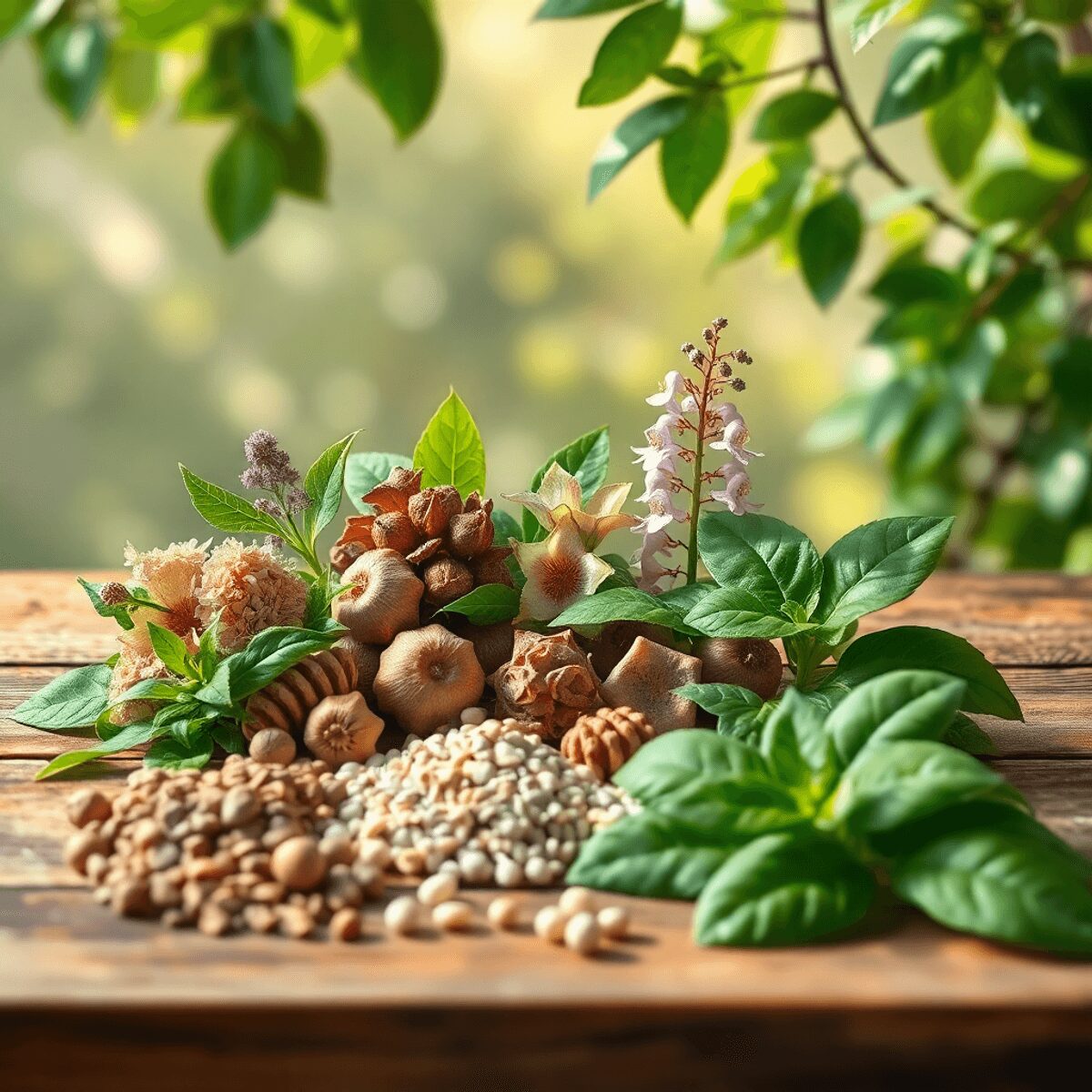Arrangement artistique de plantes adaptogènes comme l'Ashwagandha, la Rhodiola et le Basilic sacré sur une table en bois, baignées d'une douce lumi...