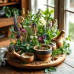 Un arrangement serein de plantes médicinales, d'herbes, de fleurs séchées et de tisanes sur une table en bois, doucement illuminé par la lumière na...