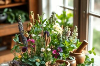 Un arrangement serein de plantes médicinales, d'herbes, de fleurs séchées et de tisanes sur une table en bois, doucement illuminé par la lumière na...
