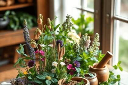 Un arrangement serein de plantes médicinales, d'herbes, de fleurs séchées et de tisanes sur une table en bois, doucement illuminé par la lumière na...