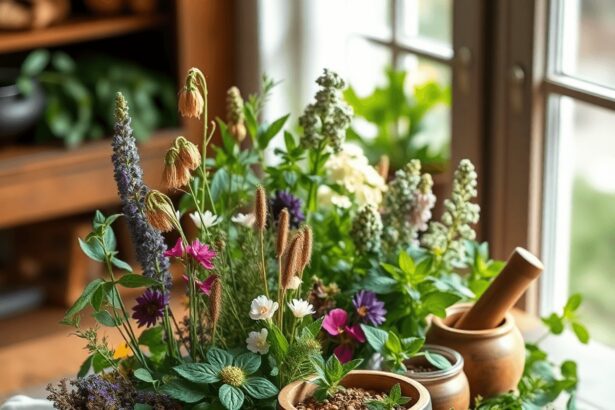 Un arrangement serein de plantes médicinales, d'herbes, de fleurs séchées et de tisanes sur une table en bois, doucement illuminé par la lumière na...