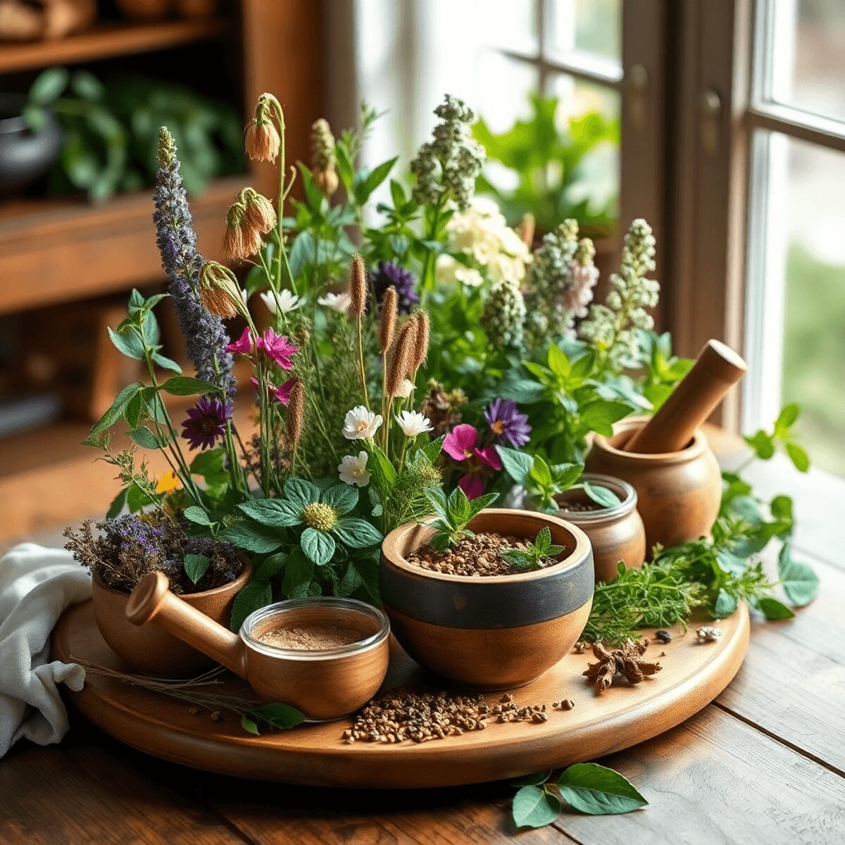 Un arrangement serein de plantes médicinales, d'herbes, de fleurs séchées et de tisanes sur une table en bois, doucement illuminé par la lumière na...