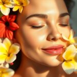 Un visage éclatant et jeune entouré de fleurs et de lumière douce, incarnant des traitements de beauté non invasifs et un bien-être holistique dans...