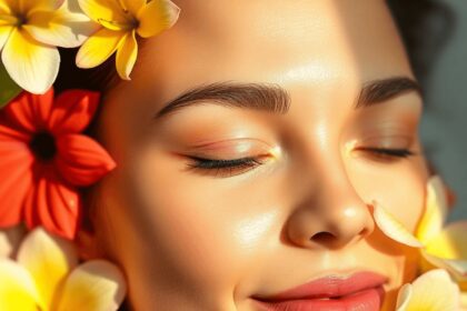 Un visage éclatant et jeune entouré de fleurs et de lumière douce, incarnant des traitements de beauté non invasifs et un bien-être holistique dans...