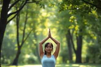 Une personne pratiquant le yoga en plein air dans un cadre verdoyant, entourée par la nature, avec une lumière douce filtrant à travers les arbres,...