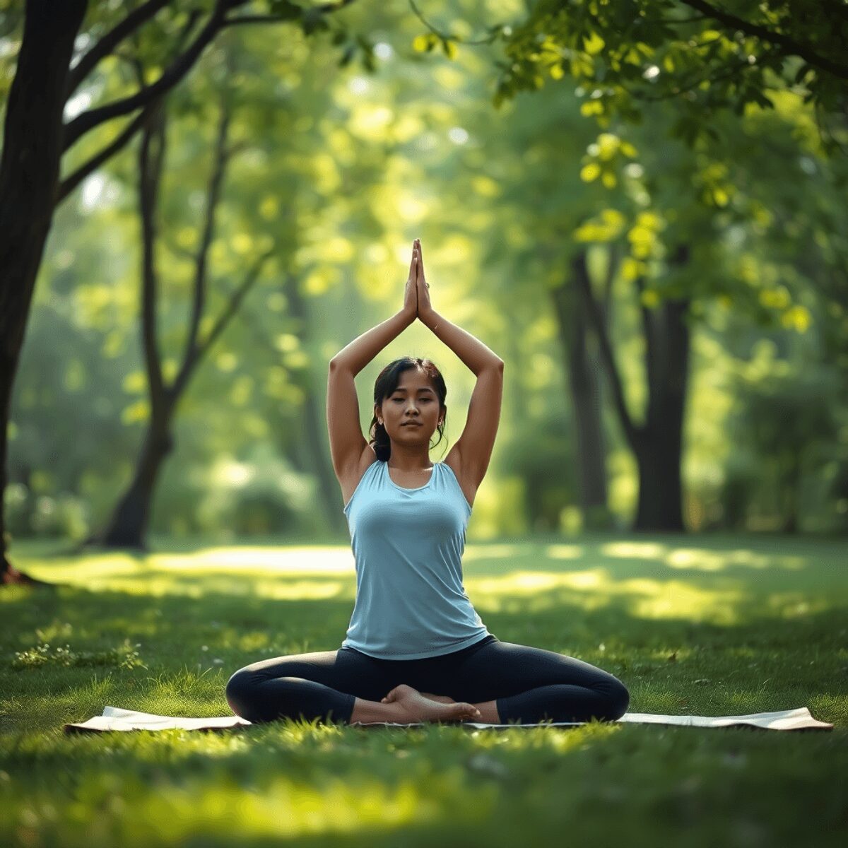 Une personne pratiquant le yoga en plein air dans un cadre verdoyant, entourée par la nature, avec une lumière douce filtrant à travers les arbres,...