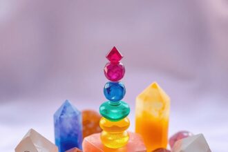 Une présentation harmonieuse de cristaux de guérison vibrants, chacun symbolisant un chakra différent, disposés avec élégance sur un fond doux, ray...