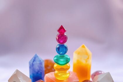 Une présentation harmonieuse de cristaux de guérison vibrants, chacun symbolisant un chakra différent, disposés avec élégance sur un fond doux, ray...
