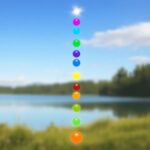 Une silhouette humaine avec des chakras vibrants alignés verticalement, brillant doucement contre un arrière-plan naturel tranquille, symbolisant l...
