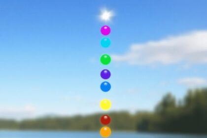 Une silhouette humaine avec des chakras vibrants alignés verticalement, brillant doucement contre un arrière-plan naturel tranquille, symbolisant l...