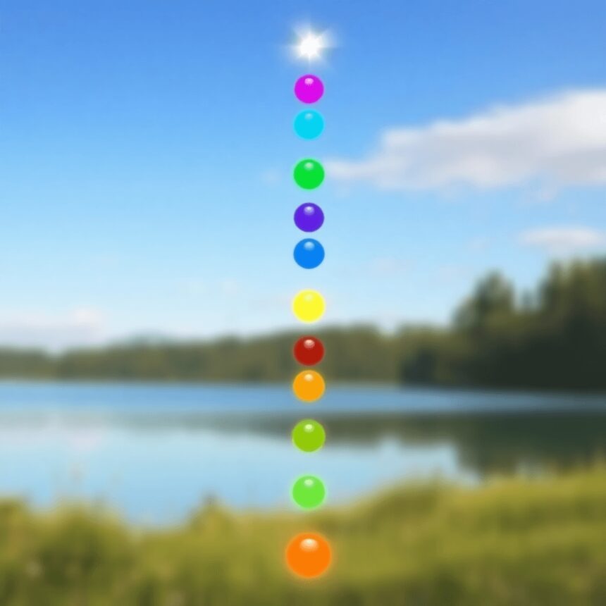 Une silhouette humaine avec des chakras vibrants alignés verticalement, brillant doucement contre un arrière-plan naturel tranquille, symbolisant l...