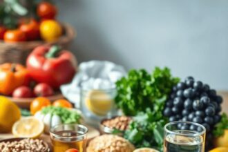 Une variété vibrante de fruits, légumes et céréales colorés sur une table en bois, accompagnée de thés aux herbes et d'eau citronnée, dans un arriè...