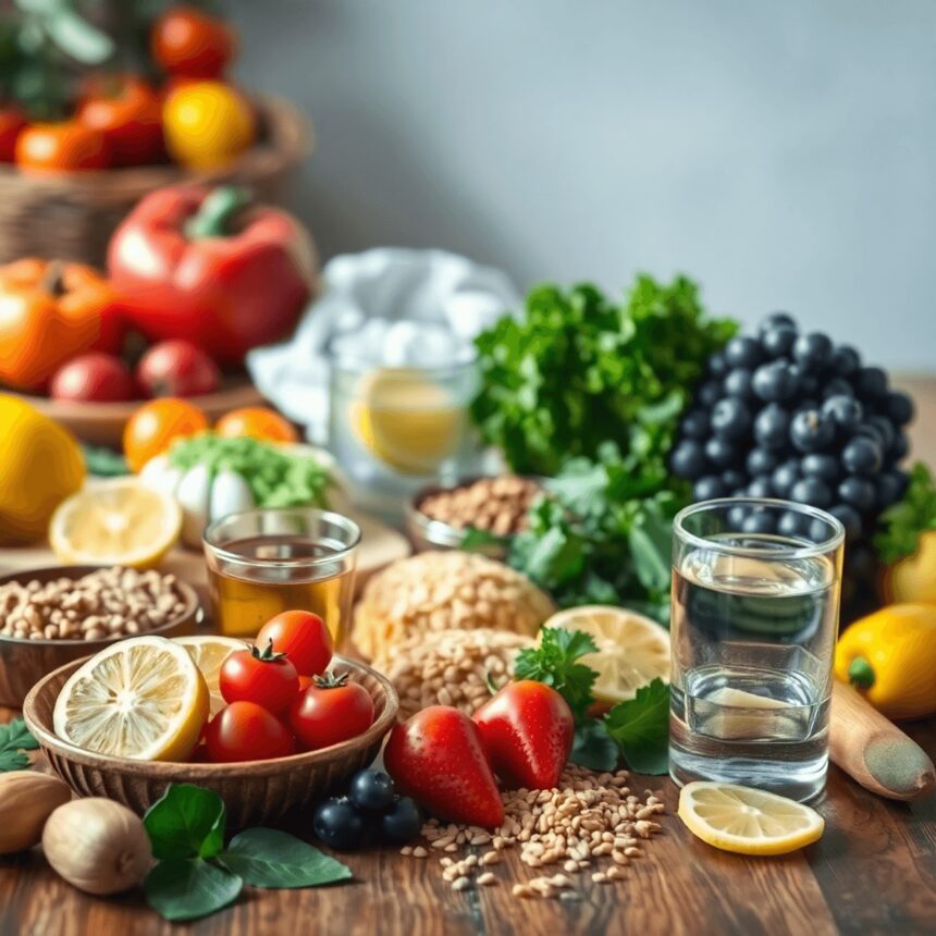 Une variété vibrante de fruits, légumes et céréales colorés sur une table en bois, accompagnée de thés aux herbes et d'eau citronnée, dans un arriè...