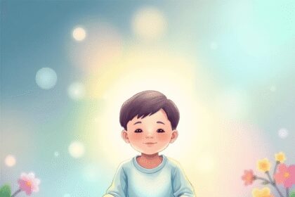 Un jeune enfant est assis en tailleur dans un environnement paisible et coloré, entouré de vagues d'énergie douce et d'éléments naturels, transmett...