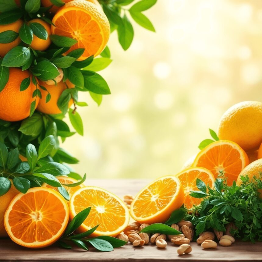 Un repas coloré et sain avec des agrumes, des légumes-feuilles, des noix et des herbes sur une table en bois clair, illuminée par la lumière du sol...