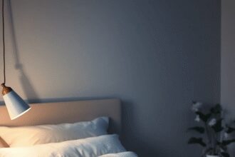 Une chambre tranquille la nuit, avec un éclairage doux, un lit confortable avec des oreillers moelleux, et une petite table ornée d'huiles essentie...