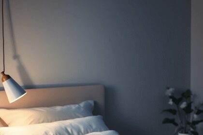 Une chambre tranquille la nuit, avec un éclairage doux, un lit confortable avec des oreillers moelleux, et une petite table ornée d'huiles essentie...