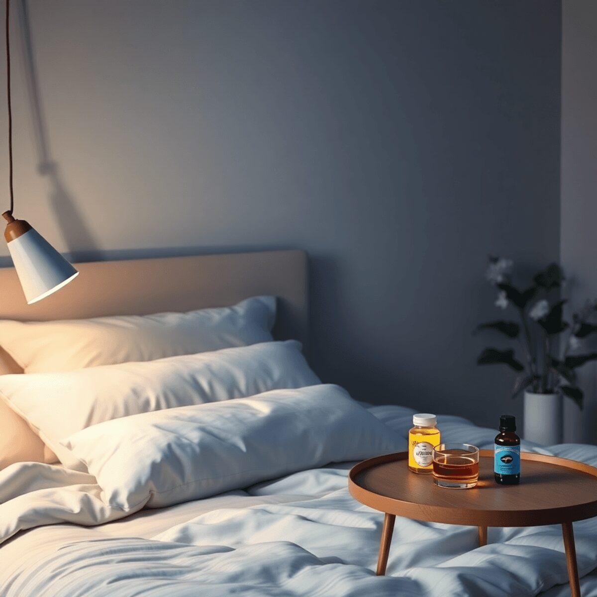 Une chambre tranquille la nuit, avec un éclairage doux, un lit confortable avec des oreillers moelleux, et une petite table ornée d'huiles essentie...