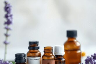 Une collection de bouteilles d'huiles essentielles avec des fleurs de lavande et de camomille à proximité, sur un fond naturel doux, évoquant la tr...