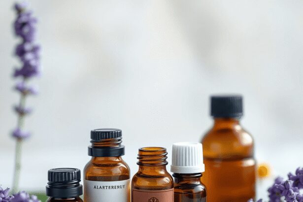 Une collection de bouteilles d'huiles essentielles avec des fleurs de lavande et de camomille à proximité, sur un fond naturel doux, évoquant la tr...