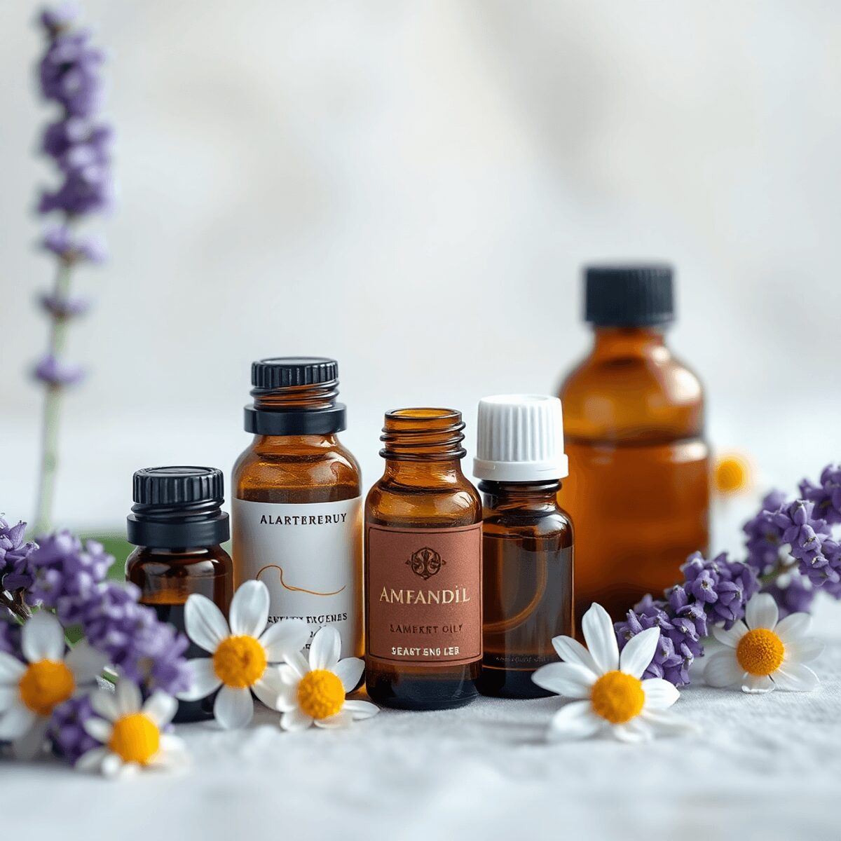 Une collection de bouteilles d'huiles essentielles avec des fleurs de lavande et de camomille à proximité, sur un fond naturel doux, évoquant la tr...