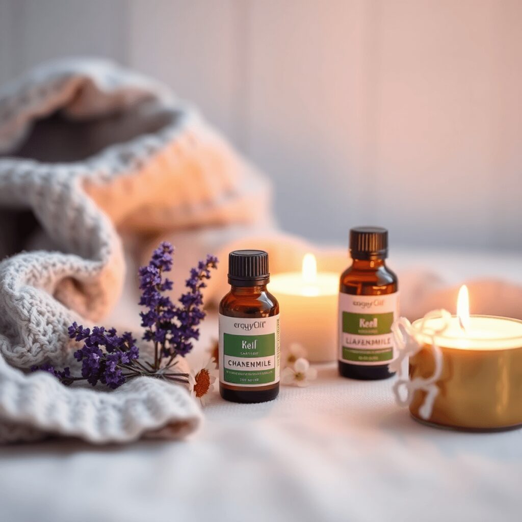 Une disposition sereine de bouteilles d'huiles essentielles de lavande et de camomille entourées d'une couverture confortable et d'une bougie allum...