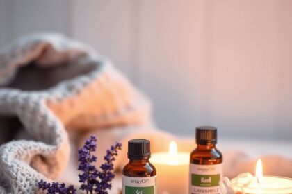 Une disposition sereine de bouteilles d'huiles essentielles de lavande et de camomille entourées d'une couverture confortable et d'une bougie allum...