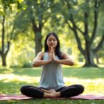 Une femme pratiquant le yoga dans un cadre extérieur tranquille, entourée d'une verdure luxuriante et de doux rayons de soleil, incarnant la paix e...