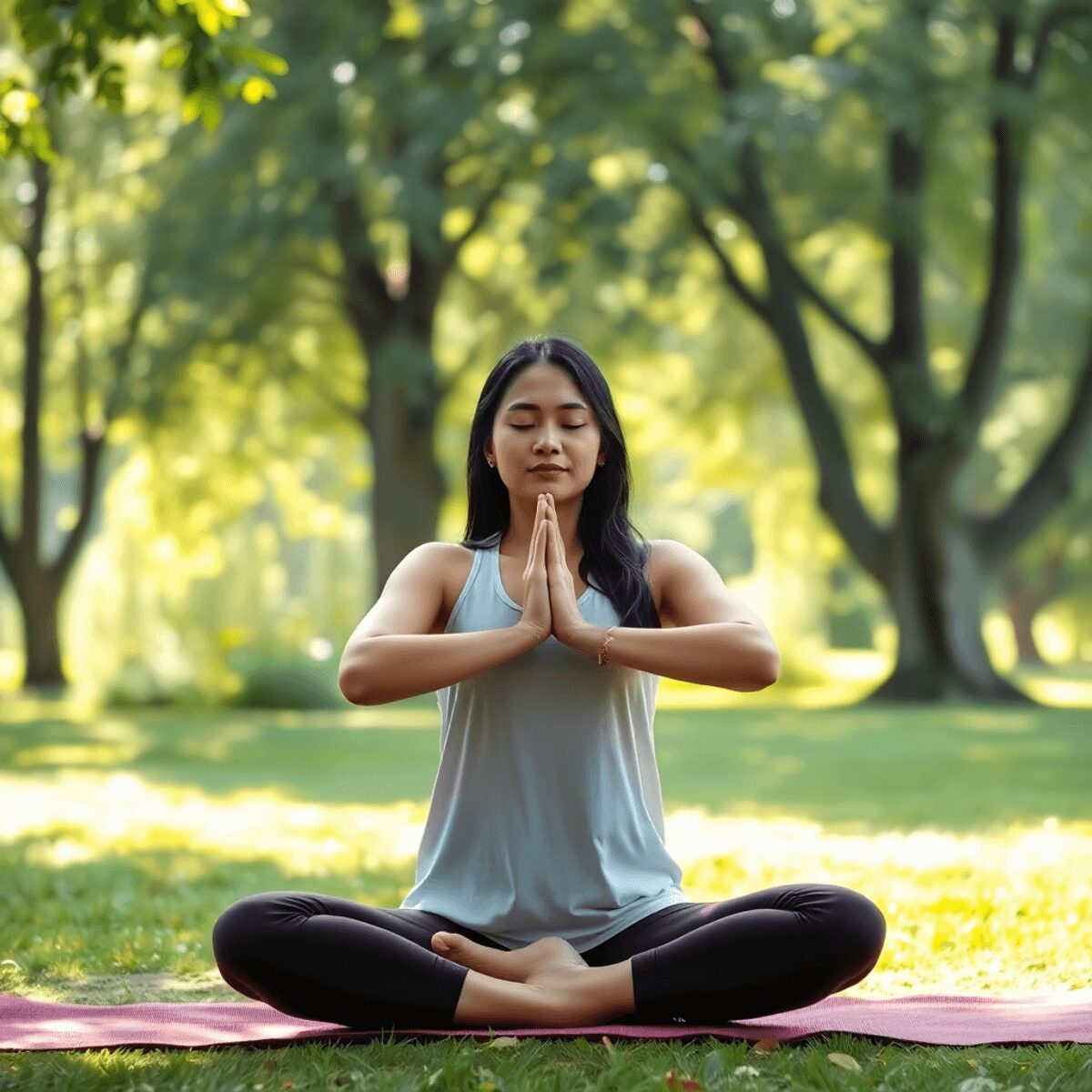 Une femme pratiquant le yoga dans un cadre extérieur tranquille, entourée d'une verdure luxuriante et de doux rayons de soleil, incarnant la paix e...