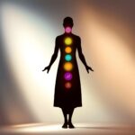 Une illustration colorée des sept chakras alignés dans une silhouette humaine, chaque chakra étant représenté par sa couleur et son symbole sur un ...