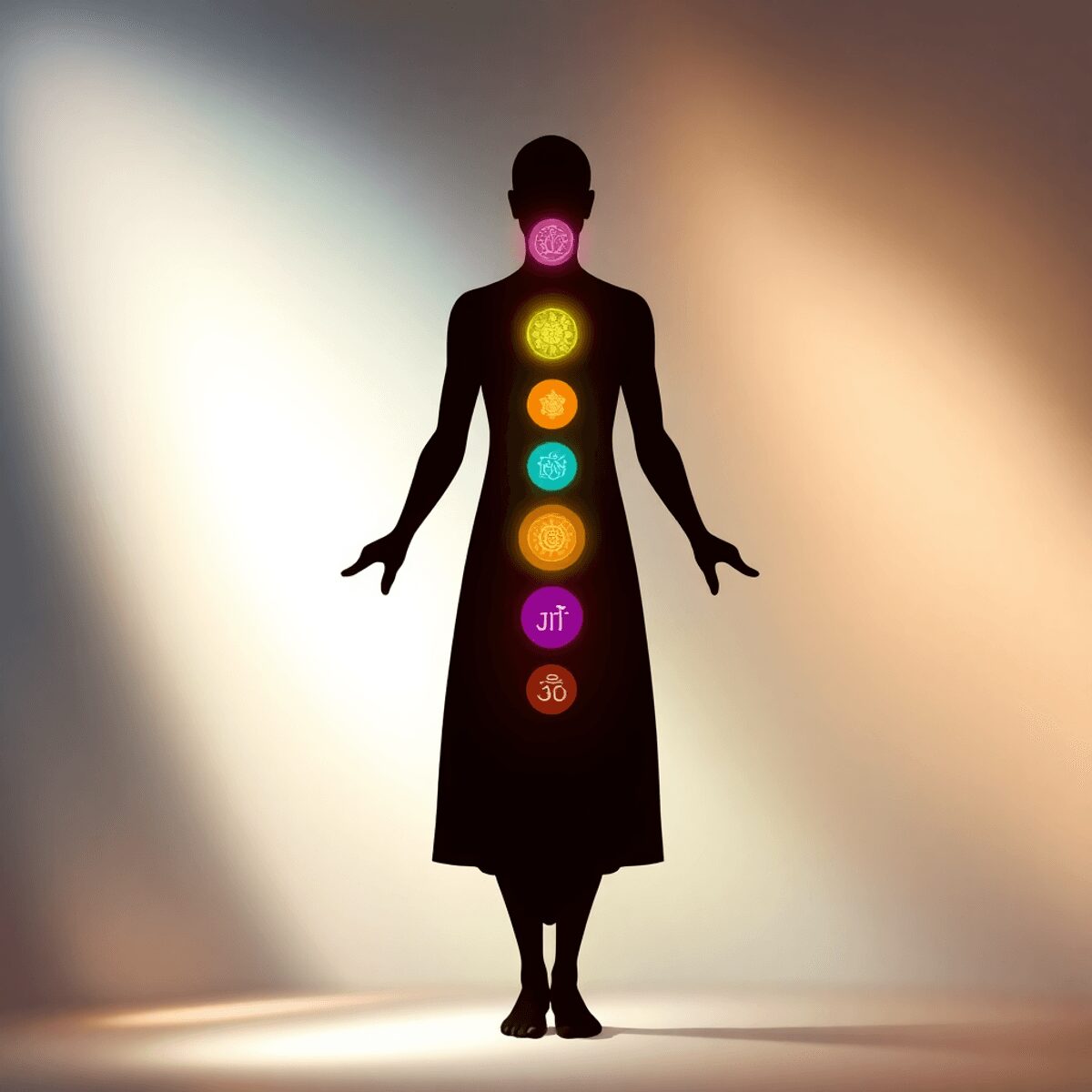 Une illustration colorée des sept chakras alignés dans une silhouette humaine, chaque chakra étant représenté par sa couleur et son symbole sur un ...