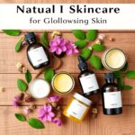Une mise en scène de cosmétiques naturels sur une surface en bois, avec des pots de crèmes, des huiles essentielles et des ingrédients herbaux tels...