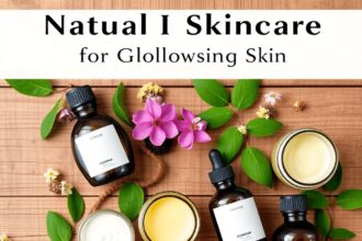 Une mise en scène de cosmétiques naturels sur une surface en bois, avec des pots de crèmes, des huiles essentielles et des ingrédients herbaux tels...
