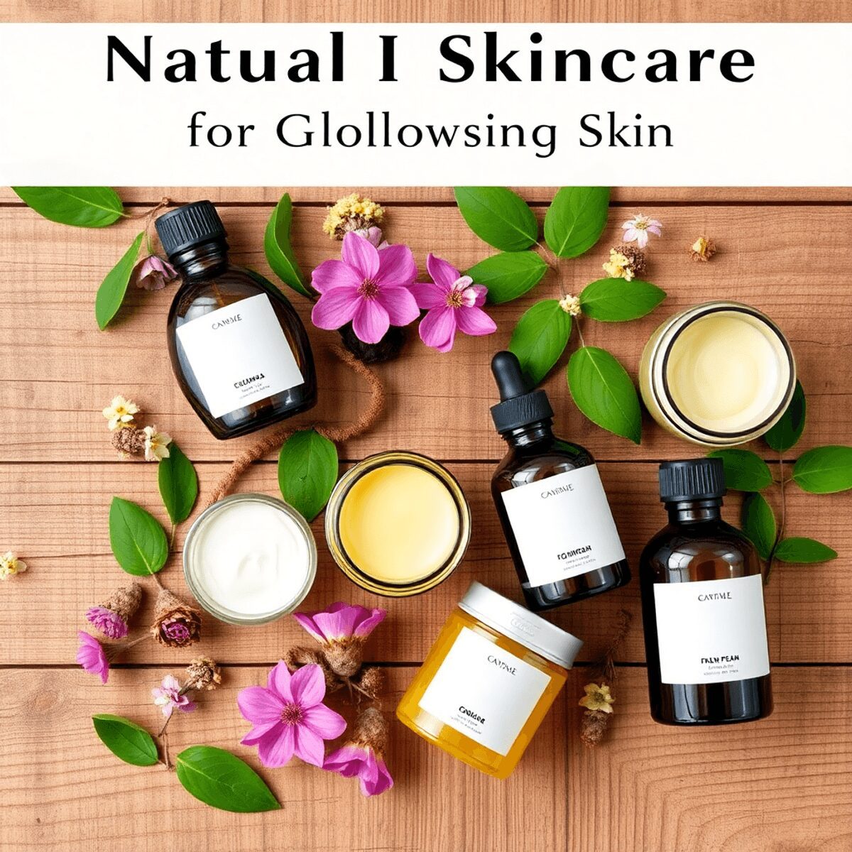 Une mise en scène de cosmétiques naturels sur une surface en bois, avec des pots de crèmes, des huiles essentielles et des ingrédients herbaux tels...