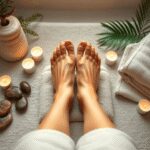 Une scène de spa tranquille avec une paire de pieds massés, entourés de pierres lisses, de bougies et de serviettes douces, évoquant la détente et ...