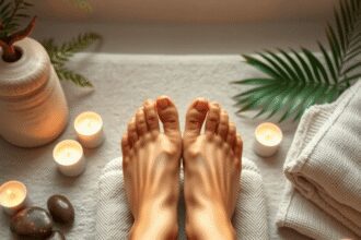 Une scène de spa tranquille avec une paire de pieds massés, entourés de pierres lisses, de bougies et de serviettes douces, évoquant la détente et ...