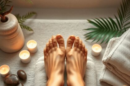 Une scène de spa tranquille avec une paire de pieds massés, entourés de pierres lisses, de bougies et de serviettes douces, évoquant la détente et ...