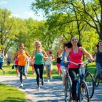 Une scène extérieure animée mettant en vedette un groupe diversifié de personnes faisant du jogging, pratiquant le yoga et faisant du vélo dans un ...