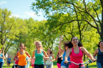 Une scène extérieure animée mettant en vedette un groupe diversifié de personnes faisant du jogging, pratiquant le yoga et faisant du vélo dans un ...