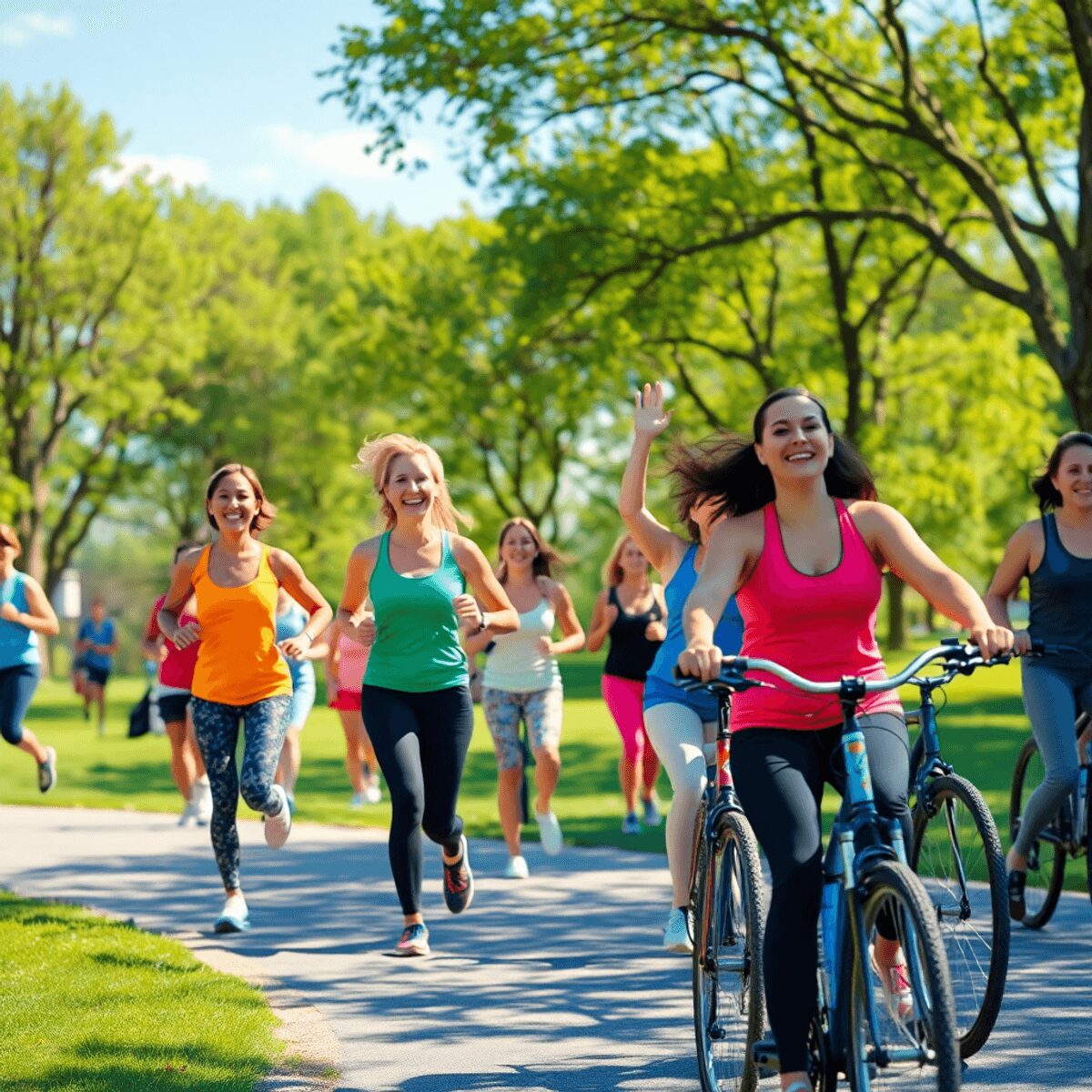 Une scène extérieure animée mettant en vedette un groupe diversifié de personnes faisant du jogging, pratiquant le yoga et faisant du vélo dans un ...