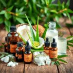 Aloe vera, huile de coco et huiles essentielles habilement disposées sur une surface en bois, entourées de verdure, mettant en valeur un thème natu...