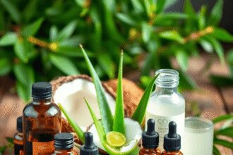 Aloe vera, huile de coco et huiles essentielles habilement disposées sur une surface en bois, entourées de verdure, mettant en valeur un thème natu...
