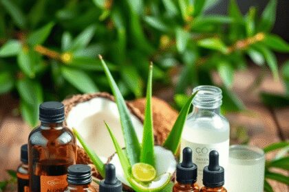 Aloe vera, huile de coco et huiles essentielles habilement disposées sur une surface en bois, entourées de verdure, mettant en valeur un thème natu...