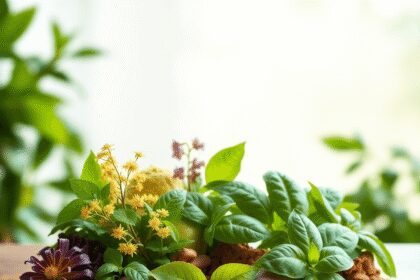 Arrangement esthétique de plantes adaptogènes comme l'ashwagandha, la rhodiola et le basilic sacré sur une surface en bois, avec un éclairage natur...