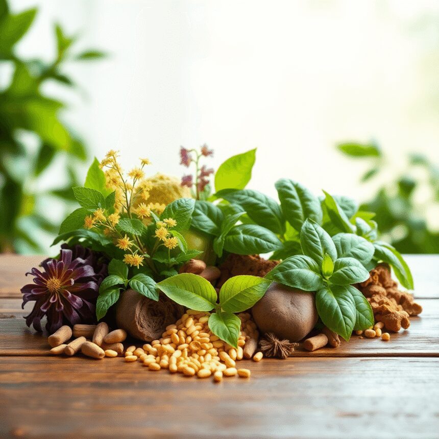 Arrangement esthétique de plantes adaptogènes comme l'ashwagandha, la rhodiola et le basilic sacré sur une surface en bois, avec un éclairage natur...