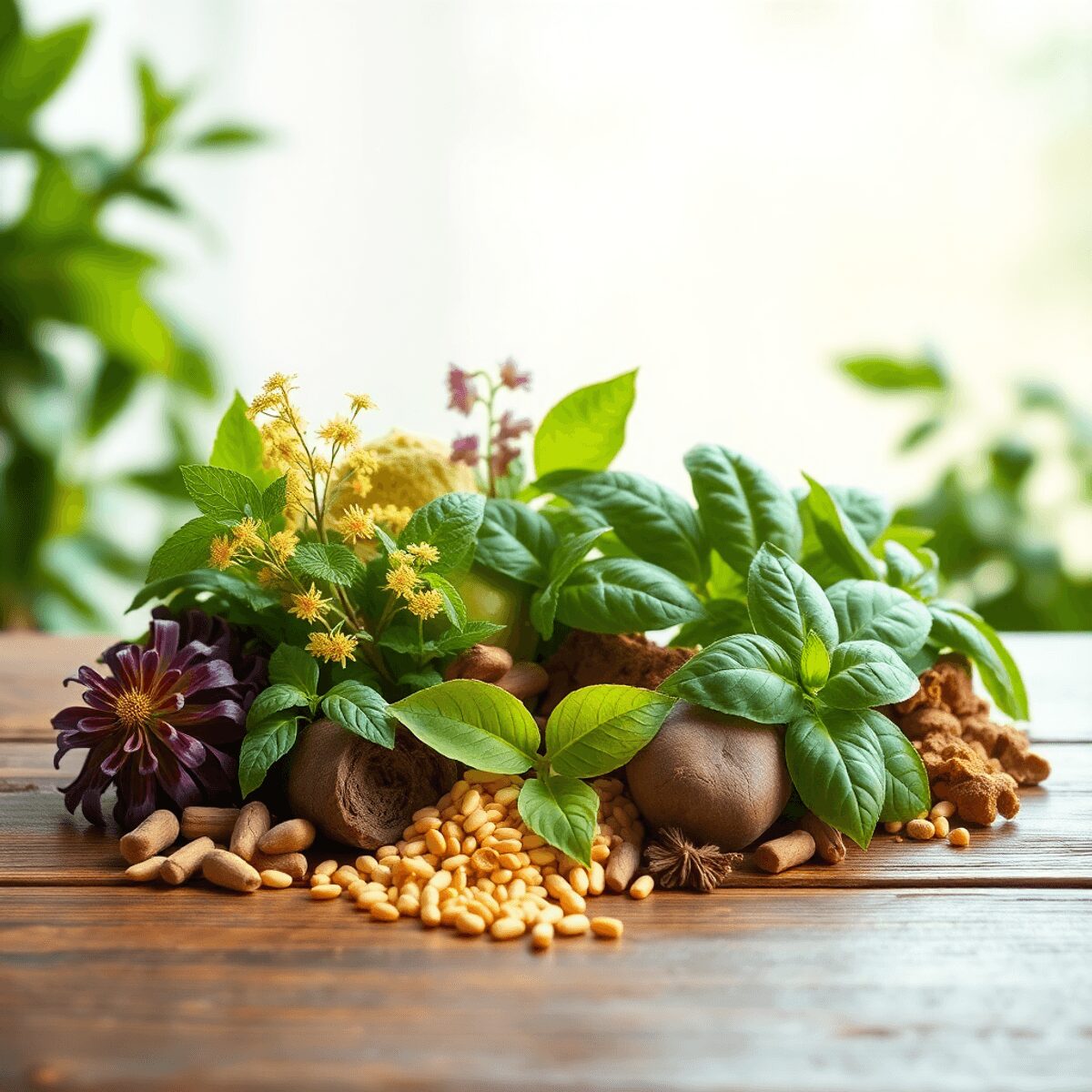 Arrangement esthétique de plantes adaptogènes comme l'ashwagandha, la rhodiola et le basilic sacré sur une surface en bois, avec un éclairage natur...